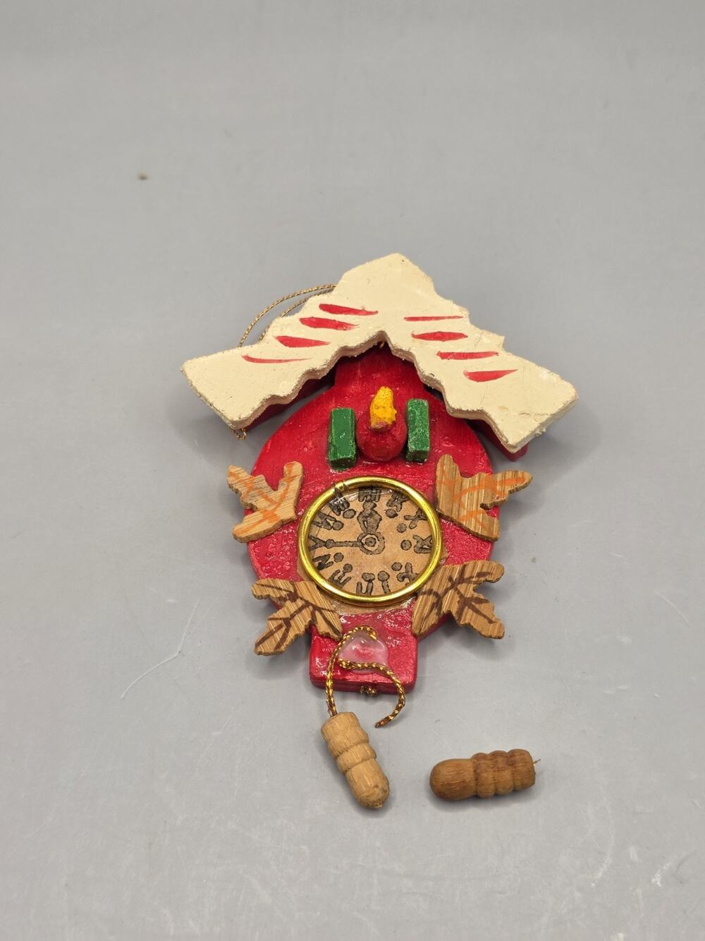 Vintage Miniature Wood Cuckoo Clock Christmas Ornament Shackman Folk Art TLC